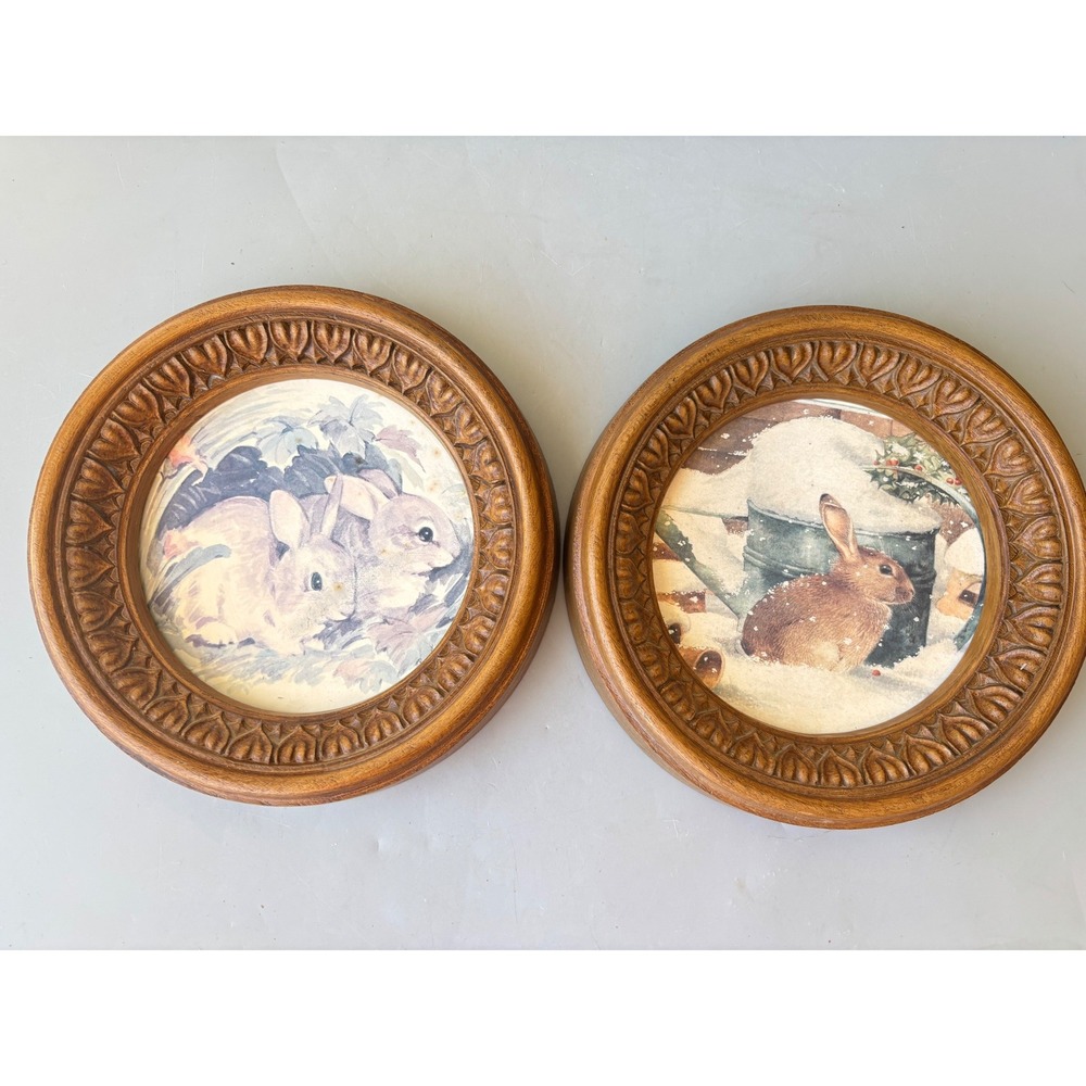 Vintage Round Bunny Rabbit Wall Art Plaques Faux Wood Frames Woodland 2 Pc